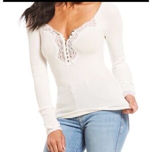 Free People To The West Lace Long Sleeve Ribbed Henley Ivory Fitted Babydoll L